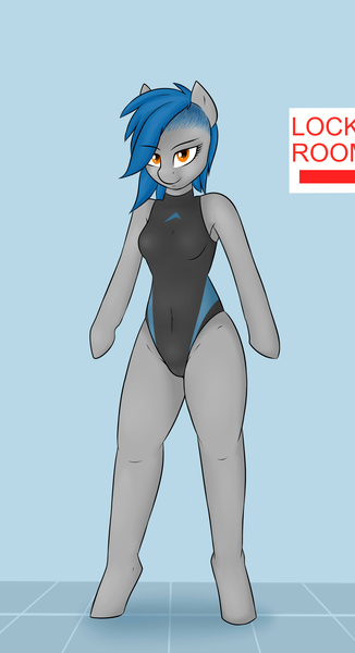 Size: 1826x3365 | Tagged: anthro, arm hooves, artist:nero9, breasts, clothes, derpibooru import, female, oc, oc:dagny blue, one-piece swimsuit, questionable, sign, simple background, solo, solo female, sports swimsuit, swim, swimming pool, swimsuit, tile, unguligrade anthro, unofficial characters only