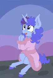 Size: 3235x4760 | Tagged: safe, artist:paskanaakka, derpibooru import, oc, oc:midnight dew, unofficial characters only, unicorn, bathrobe, clothes, colored hooves, ear fluff, female, mare, robe, sitting, smiling, solo, unshorn fetlocks