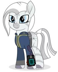 Size: 4624x5696 | Tagged: safe, artist:suramii, derpibooru import, oc, oc:crystal eclair, unofficial characters only, cyborg, pony, fallout equestria, fallout equestria: influx, absurd resolution, clothes, female, pip-boy, simple background, smiling, solo, terminator, transparent background