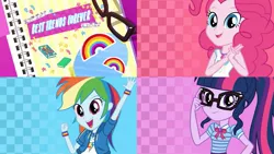 Size: 1281x720 | Tagged: safe, derpibooru import, screencap, pinkie pie, rainbow dash, sci-twi, twilight sparkle, best trends forever, equestria girls, equestria girls series, best trends forever: pinkie pie, best trends forever: rainbow dash, best trends forever: twilight sparkle, choose pinkie pie, choose rainbow dash, choose twilight sparkle, choose your own ending (season 1), geode of sugar bombs, geode of super speed, geode of telekinesis, magical geodes, title card