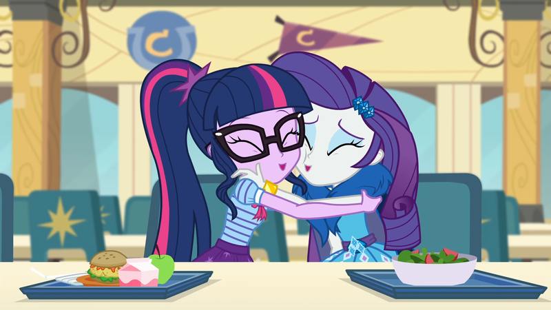 Size: 1920x1080 | Tagged: safe, derpibooru import, screencap, rarity, sci-twi, twilight sparkle, best trends forever, equestria girls, equestria girls series, ^^, belt buckle, best trends forever: twilight sparkle, bow, bracelet, burger, cafeteria, cape, choose twilight sparkle, close friends, clothes, cute, cutie mark on clothes, eyes closed, female, food, frilly design, geode of shielding, geode of telekinesis, glasses, gold, hamburger, hug, image, jewelry, magical geodes, pendant, png, polo shirt, ponytail, raribetes, rarity peplum dress, salad, sleeveless, sleeveless tank top, squishy cheeks, twiabetes