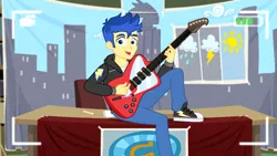 Size: 1920x1080 | Tagged: safe, derpibooru import, screencap, flash sentry, best trends forever, equestria girls, equestria girls series, clothes, converse, guitar, hoodie, pants, shoes, sneakers, solo