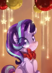 Size: 1311x1819 | Tagged: safe, artist:loyaldis, derpibooru import, starlight glimmer, pony, unicorn, blushing, bow, chest fluff, christmas, cute, female, glimmerbetes, glowing horn, happy, heart eyes, holiday, horn, looking at you, mare, ornament, ribbon, sitting, smiling, solo, sparkles, stars, wingding eyes