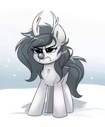 Size: 697x839 | Tagged: safe, artist:confetticakez, derpibooru import, oc, oc:raven sun, unofficial characters only, deer, pegasus, pony, reindeer, angry, antlers, clothes, costume, cute, female, mare, monochrome, ocbetes, sketch, snow, solo, winter