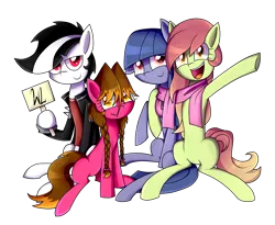 Size: 2470x2021 | Tagged: safe, artist:whitelie, derpibooru import, oc, oc:artline, oc:cosmia nebula, oc:lix, oc:white lie, unofficial characters only, earth pony, pony, 2018 community collab, derpibooru community collaboration, clothes, friendship, happy, scarf, shared clothing, shared scarf, side hug, sign, simple background, transparent background