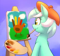 Size: 1871x1741 | Tagged: safe, artist:otakuap, derpibooru import, lyra heartstrings, pony, turkey, unicorn, beret, canvas, cute, female, hand, hand turkey, hat, mare, mouth hold, paintbrush, painting, smiling, solo, that pony sure does love hands