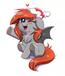 Size: 697x807 | Tagged: source needed, safe, artist:confetticakez, derpibooru import, oc, oc:grem, unofficial characters only, bat pony, pegasus, pony, chibi, christmas, cute, cute little fangs, fangs, female, fluffy, frog (hoof), hat, holiday, mare, ocbetes, one eye closed, santa hat, simple background, sitting, solo, underhoof, white background, wink