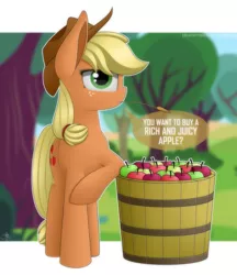 Size: 3245x3761 | Tagged: safe, artist:creativitybox18, derpibooru import, applejack, apple basket, apple tree, basket, looking at you, mouth hold, question, solo, straw, talking to viewer, tree