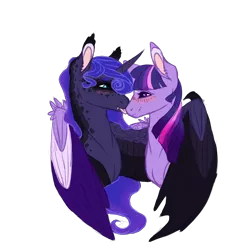 Size: 3000x3000 | Tagged: safe, artist:pndrws, derpibooru import, princess luna, twilight sparkle, twilight sparkle (alicorn), alicorn, pony, bat wings, blushing, boop, colored wings, colored wingtips, dappled, ear fluff, eye contact, eyeshadow, fangs, female, fluffy, freckles, grin, heart eyes, hug, lesbian, licking, lidded eyes, looking at each other, makeup, mare, mlem, noseboop, nuzzling, shipping, silly, simple background, smiling, spread wings, tongue out, transparent background, twiluna, wing fluff, wingding eyes, winghug, wings