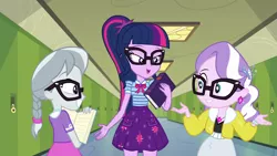 Size: 1280x720 | Tagged: safe, derpibooru import, screencap, diamond tiara, sci-twi, silver spoon, twilight sparkle, best trends forever, equestria girls, equestria girls series, best trends forever: twilight sparkle, choose twilight sparkle, geode of telekinesis, glasses, magical geodes