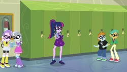 Size: 1280x720 | Tagged: safe, derpibooru import, screencap, diamond tiara, sci-twi, silver spoon, snails, snips, twilight sparkle, best trends forever, equestria girls, equestria girls series, best trends forever: twilight sparkle, boots, choose twilight sparkle, clothes, female, geode of telekinesis, glasses, jacket, magical geodes, male, shoes, skirt