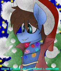 Size: 1740x2030 | Tagged: artist:h0rnycorn, artist:ladylitasparkle, cape, christmas, christmas lights, clothes, collaboration, derpibooru import, hat, holiday, night, oc, oc:bizarre song, safe, smiling, snow, snowflake, tree, unofficial characters only