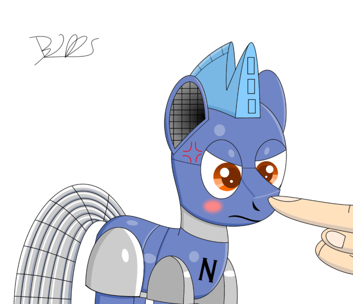 Size: 1500x1292 | Tagged: safe, artist:trackheadtherobopony, derpibooru import, oc, oc:gearbox, unofficial characters only, pony, robot, robot pony, annoyed, boop, cross-popping veins, finger, hand, noseboop, simple background, solo, transparent background