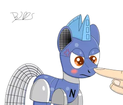 Size: 1500x1292 | Tagged: safe, artist:trackheadtherobopony, derpibooru import, oc, oc:gearbox, unofficial characters only, pony, robot, robot pony, annoyed, boop, cross-popping veins, finger, hand, noseboop, simple background, solo, transparent background