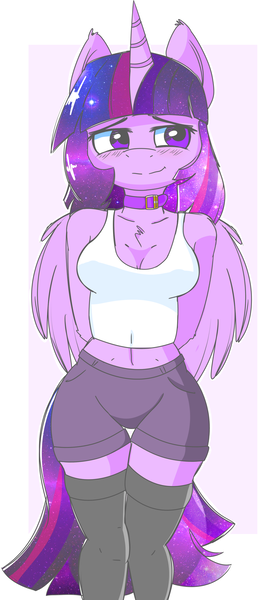 Size: 1414x3056 | Tagged: alicorn, anthro, arm behind back, artist:duop-qoub, artist:pastelhorses, belly button, breasts, cleavage, clothes, collaboration, collar, derpibooru import, female, mare, midriff, safe, shorts, simple background, smiling, stockings, tanktop, thigh highs, twilight sparkle, twilight sparkle (alicorn)