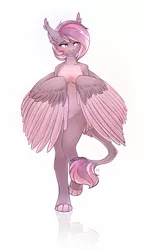 Size: 1200x2093 | Tagged: anthro, anthro oc, artist:nightskrill, blushing, breasts, covering, derpibooru import, digitigrade anthro, female, hybrid, nudity, oc, oc:shadowgale, original species, paws, simple background, solo, solo female, sphinx, sphinx oc, strategically covered, suggestive, unofficial characters only, white background, wing censor, wing covering, wings