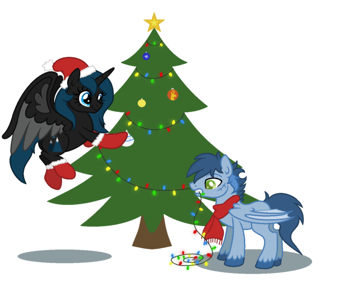 Size: 1380x1200 | Tagged: safe, artist:lieutenantkyohei, derpibooru import, oc, oc:honami, oc:kyohei, unofficial characters only, alicorn, bat pony, pony, alicorn oc, bat pony oc, christmas, christmas tree, clothes, female, hat, holiday, male, mare, mouth hold, santa hat, scarf, simple background, stallion, transparent background, tree, unshorn fetlocks