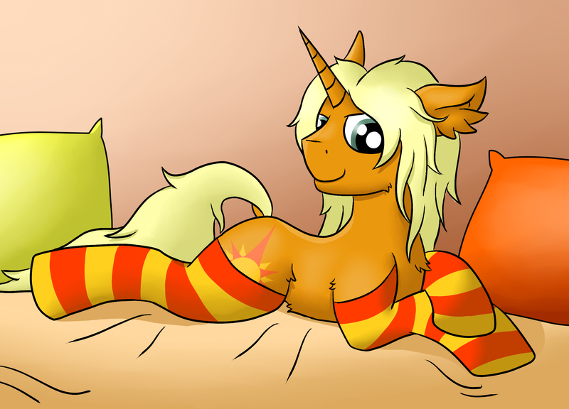 Size: 2085x1500 | Tagged: safe, artist:raktor, derpibooru import, oc, oc:dawnflash, unofficial characters only, pony, unicorn, chest fluff, clothes, ear fluff, male, pillow, pointy horn, prone, sharp horn, socks, solo, striped socks