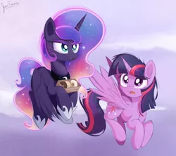 Size: 2160x1920 | Tagged: safe, artist:bugplayer, derpibooru import, princess luna, twilight sparkle, twilight sparkle (alicorn), alicorn, pony, box, donut, envy, female, flying, food, greed, mare, open mouth, sky