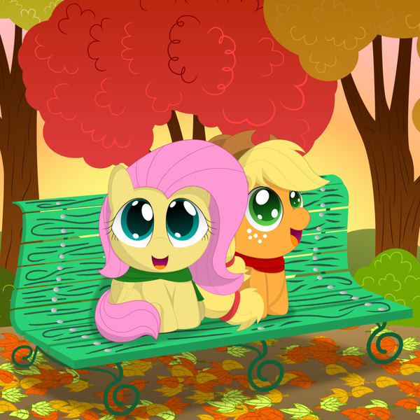 Size: 1500x1500 | Tagged: safe, artist:spellboundcanvas, derpibooru import, applejack, fluttershy, autumn, bench, clothes, hat, scarf, scarves, sunset, tree