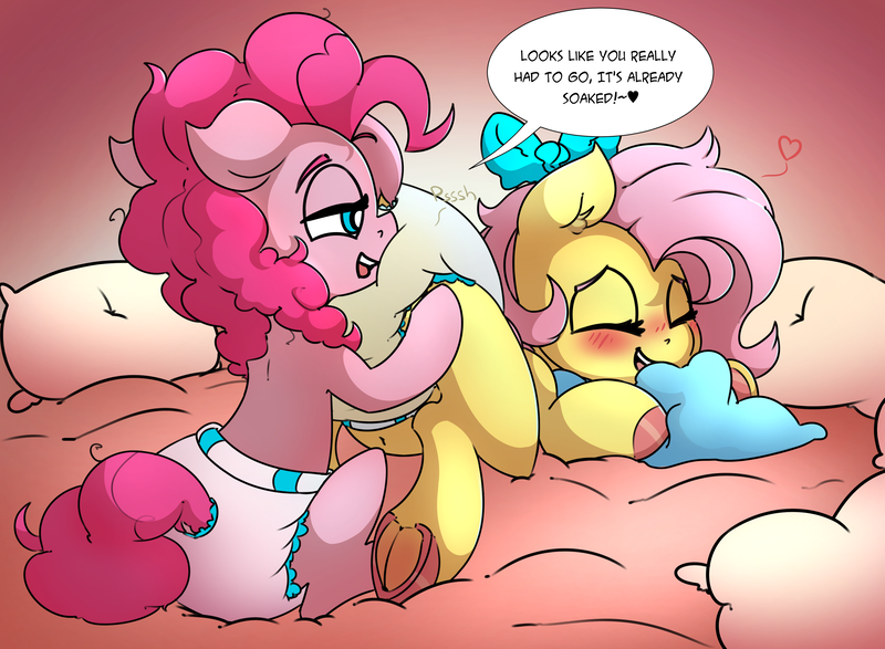 Size: 3750x2750 | Tagged: alternate version, artist:ariot, blanket, blushing, bow, cute, derpibooru import, dialogue, diaper, diaper fetish, diapinkes, fetish, fluttershy, frog (hoof), hair bow, hoof polish, pillow, pinkie pie, pissing, poofy diaper, questionable, shyabetes, touching diaper, underhoof, urine, wet diaper, wetting