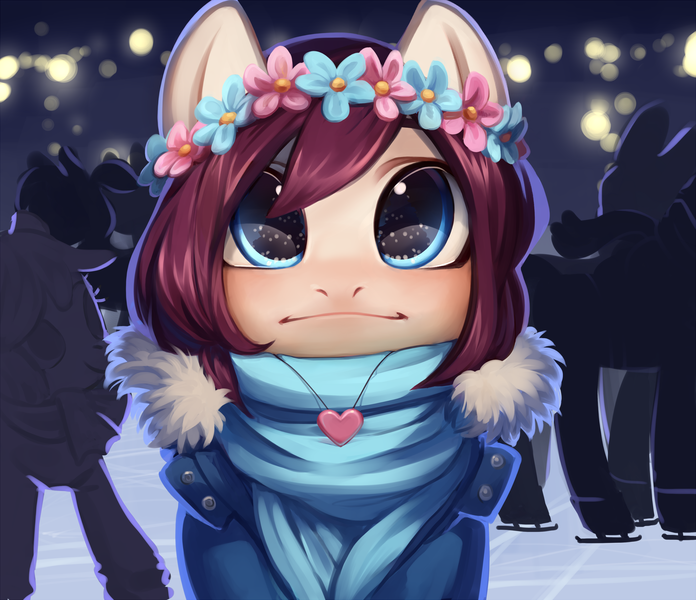 Size: 3000x2586 | Tagged: safe, artist:aphphphphp, derpibooru import, oc, oc:tulip, unofficial characters only, pony, :i, clothes, commission, earmuffs, floral head wreath, flower, ice rink, ice skates, ice skating, scarf, solo focus, ych result