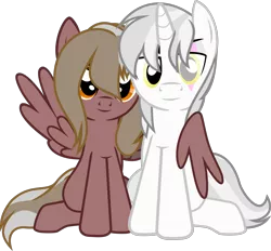 Size: 1641x1524 | Tagged: safe, artist:lightningbolt, derpibooru import, oc, oc:copper crescendo, oc:silver sickle, unofficial characters only, pegasus, pony, unicorn, 2018 community collab, derpibooru community collaboration, .svg available, brother and sister, duo, female, hair over one eye, horn, hug, looking at you, male, scar, simple background, sitting, svg, transparent background, vector, winghug