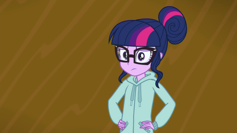 Size: 1280x720 | Tagged: safe, derpibooru import, screencap, sci-twi, twilight sparkle, equestria girls, the finals countdown, clothes, disappointed, female, glasses, hand on waist, hands on waist, hoodie, solo