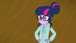 Size: 1280x720 | Tagged: safe, derpibooru import, screencap, sci-twi, twilight sparkle, equestria girls, the finals countdown, clothes, disappointed, female, glasses, hand on waist, hands on waist, hoodie, solo