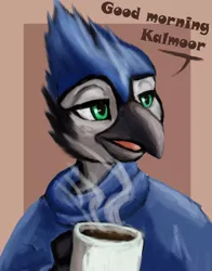 Size: 1214x1550 | Tagged: safe, artist:shumey, derpibooru import, oc, unofficial characters only, gryphon, bluejay griffon, coffee, griffon oc, lidded eyes, morning, mug, naarkerotics, rise, solo, speech