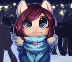 Size: 3000x2586 | Tagged: safe, alternate version, artist:aphphphphp, derpibooru import, oc, oc:tulip, unofficial characters only, pony, :i, clothes, commission, ice rink, ice skates, ice skating, jewelry, necklace, scarf, solo focus, ych result