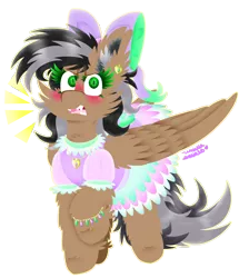 Size: 2889x3223 | Tagged: safe, artist:vanillaswirl6, derpibooru import, oc, oc:artsong, unofficial characters only, pegasus, pony, blushing, bow, bracelet, clothes, colored eyelashes, colored pupils, cute, dress, ear piercing, earring, embarrassed, female, gift art, girly, hair bow, jewelry, looking at you, mare, necklace, open mouth, piercing, raised hoof, ruffles, sharp teeth, simple background, solo, sparkles, teeth, transparent background