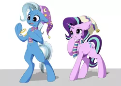 Size: 4093x2894 | Tagged: safe, artist:faline-art, derpibooru import, starlight glimmer, trixie, pony, belly button, bipedal, cel shading, clothes, commission, cup, duo, duo female, ear fluff, female, floppy ears, giggling, hat, magic, open mouth, raised eyebrow, raised hoof, scarf, simple background, smiling, teacup, telekinesis, underhoof, white background