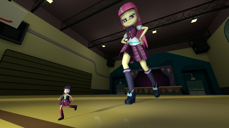 Size: 1500x843 | Tagged: safe, artist:jeroen01, derpibooru import, sour sweet, twilight sparkle, twilight sparkle (alicorn), equestria girls, 3d, clothes, crystal prep academy uniform, freckles, giantess, macro, micro, running, school uniform, source filmmaker