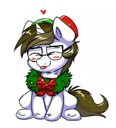 Size: 703x778 | Tagged: safe, artist:confetticakez, derpibooru import, oc, oc:sigmatau, unofficial characters only, unicorn, chibi, christmas, cute, eyes closed, holiday, male, ocbetes, simple background, sitting, solo, stallion, tongue out, white background, wreath