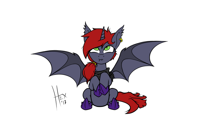 Size: 1920x1200 | Tagged: safe, alternate version, artist:cobalt hex, derpibooru import, oc, oc:midnight kiss, unofficial characters only, alicorn, bat pony, bat pony alicorn, colored, ear piercing, earring, jewelry, piercing, simple background, white background