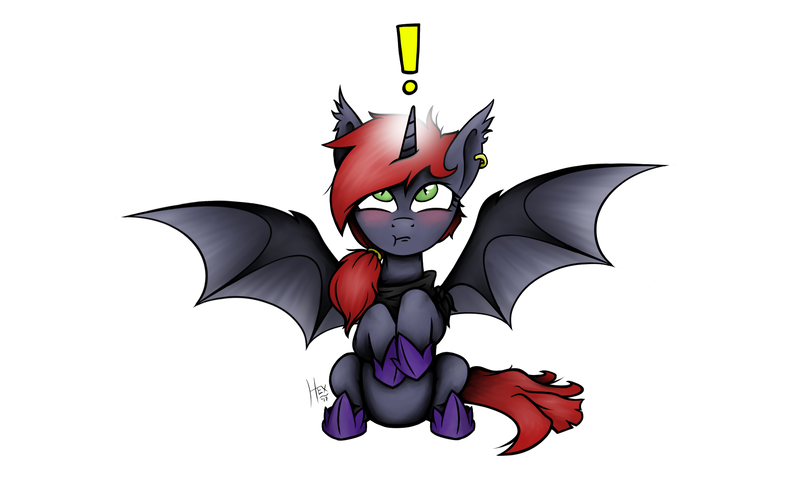 Size: 1920x1200 | Tagged: safe, alternate version, artist:cobalt hex, derpibooru import, oc, oc:midnight kiss, unofficial characters only, alicorn, bat pony, bat pony alicorn, colored, ear piercing, earring, exclamation point, jewelry, piercing, simple background, white background