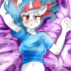 Size: 894x894 | Tagged: suggestive, artist:alesarox, derpibooru import, oc, oc:infinite futura, unofficial characters only, anthro, unicorn, anthro oc, bed, bedroom eyes, blushing, breasts, female, laying on bed, mare, messy hair, on bed, solo