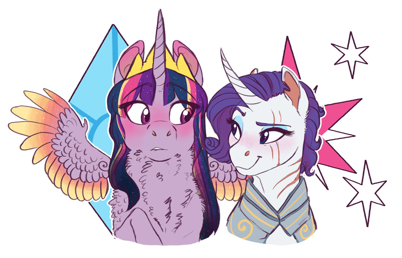 Size: 5144x3304 | Tagged: safe, artist:earthsong9405, deleted from derpibooru, derpibooru import, rarity, twilight sparkle, twilight sparkle (alicorn), alicorn, pony, unicorn, bodyguard au, alternate universe, alternate universe of an alternate universe, armor, blushing, bodyguard, chest fluff, crown, curved horn, ethereal mane, female, floating wings, jewelry, lesbian, lip bite, mare, rarilight, regalia, scar, shipping, simple background, starry mane, white background