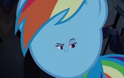 Size: 740x465 | Tagged: castle mane-ia, derpibooru import, edit, edited screencap, faic, rainbow dash, rainbow dash is best facemaker, ronbow dosh, safe, screencap, shrunken face, smiling, smirk, solo, woll smoth