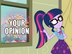 Size: 1454x1080 | Tagged: safe, derpibooru import, edit, edited screencap, screencap, sci-twi, twilight sparkle, best trends forever, equestria girls, equestria girls series, choose pinkie pie, confetti, geode of telekinesis, image macro, littering, magic, magical geodes, meme, reaction image, telekinesis, window, your opinion