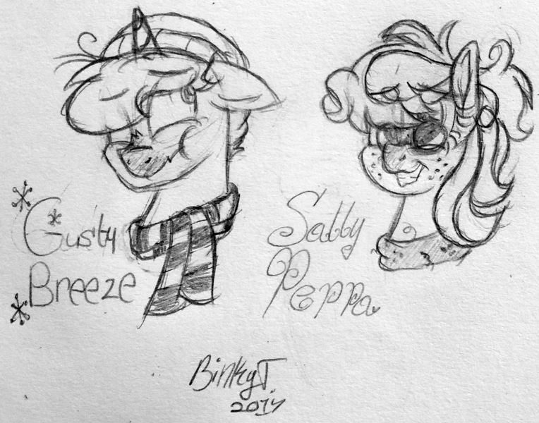 Size: 2348x1844 | Tagged: safe, artist:binkyt11, derpibooru import, oc, oc:gusty breeze, oc:sally peppa, unofficial characters only, pegasus, pony, unicorn, beanie, clothes, female, freckles, grin, hat, male, mare, monochrome, nervous, nervous grin, red nosed, scarf, scrunchy face, signature, smiling, stallion, sweater, traditional art