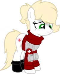 Size: 1280x1591 | Tagged: safe, artist:fletcherthehuntress, derpibooru import, oc, oc:aubrey winters, unofficial characters only, earth pony, pony, armor, boots, clothes, female, knee pads, looking down, mare, medic, sad, shoes, simple background, solo, transparent background, vector