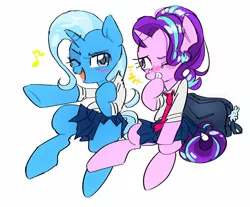 Size: 1500x1240 | Tagged: dead source, safe, artist:wagomu_pegasisu, derpibooru import, starlight glimmer, trixie, pony, unicorn, bag, clothes, crying, cute, diatrixes, female, giggling, glimmerbetes, hanging out, laughing, lesbian, necktie, one eye closed, school uniform, shipping, sitting, skirt, skirt lift, smiling, startrix, tears of laughter, wink