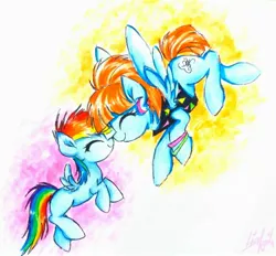 Size: 2120x1970 | Tagged: safe, artist:liaaqila, derpibooru import, rainbow dash, windy whistles, pegasus, pony, boop, cute, dashabetes, female, filly, filly rainbow dash, mare, mother and daughter, noseboop, traditional art, windybetes, younger