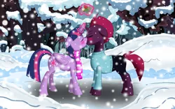 Size: 2780x1740 | Tagged: alicorn, artist:metal-jacket444, blushing, clothes, derpibooru import, eyes closed, female, fizzlepop berrytwist, floppy ears, forest, holly, holly mistaken for mistletoe, kissing, lesbian, my little pony: the movie, safe, scarf, shipping, shorts, snow, snowfall, sweater, tempestlight, tempest shadow, twilight sparkle, twilight sparkle (alicorn), winter