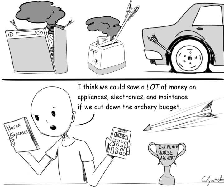 Size: 2000x1670 | Tagged: appliances, archery, arrow, artist:chopsticks, bald, calculator, car, comic, derpibooru import, dialogue, dishwasher, funny, horse wife, human, humor, male, monochrome, oc, oc:brownie bun, oc:richard, property damage, safe, smoke, solo, this ended in mechanical failure, this will end in mechanical failure, this will end in property damage, toaster, trophy, unofficial characters only