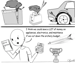 Size: 2000x1670 | Tagged: appliances, archery, arrow, artist:chopsticks, bald, calculator, car, comic, derpibooru import, dialogue, dishwasher, funny, horse wife, human, humor, male, monochrome, oc, oc:brownie bun, oc:richard, property damage, safe, smoke, solo, this ended in mechanical failure, this will end in mechanical failure, this will end in property damage, toaster, trophy, unofficial characters only