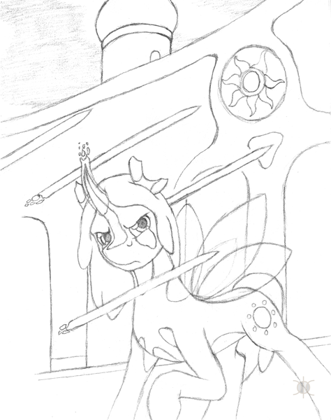 Size: 1292x1636 | Tagged: safe, artist:parallel black, derpibooru import, oc, oc:sparkfree, unofficial characters only, changeling, original species, ascended changeling, canterlot, magic, monochrome, sketch, solo, weapon