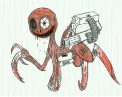 Size: 8360x6697 | Tagged: semi-grimdark, artist:binary6, derpibooru import, oc, oc:binary5, unofficial characters only, pony, robot, robot pony, absurd resolution, blood, claws, gun, lined paper, machine gun, military, solo, traditional art, weapon